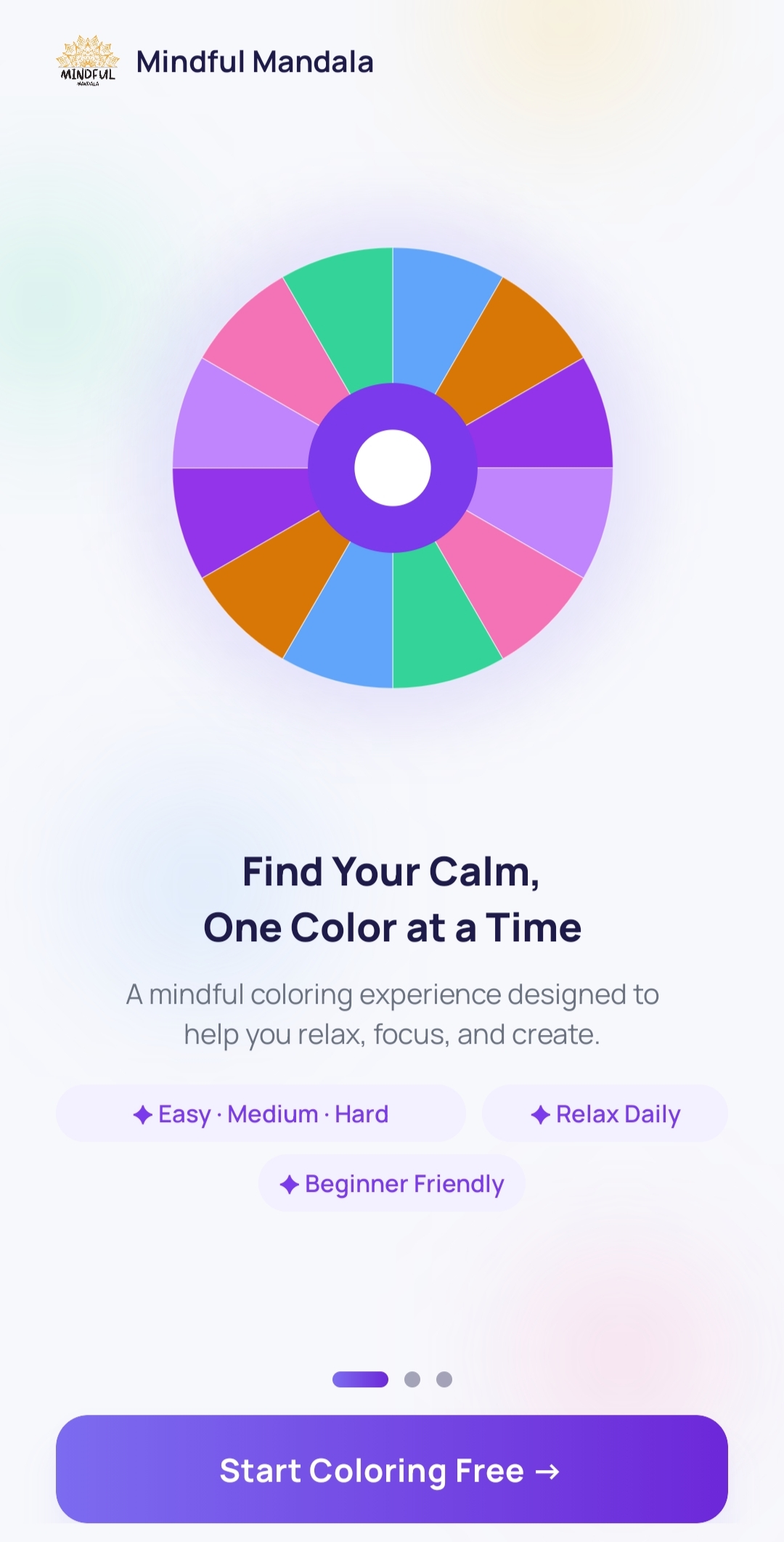 Mindful Mandala welcome screen — Find Your Calm, One Color at a Time