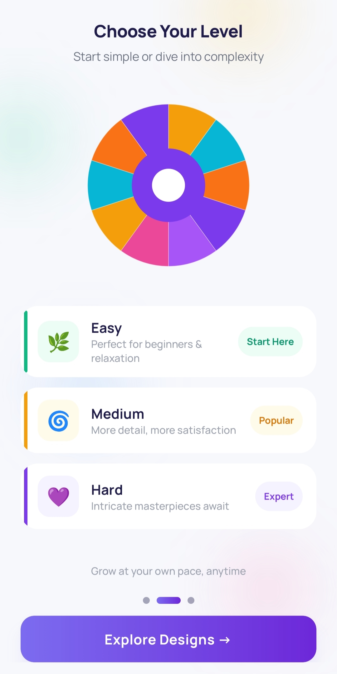 Choose difficulty level — Easy, Medium or Hard mandala coloring