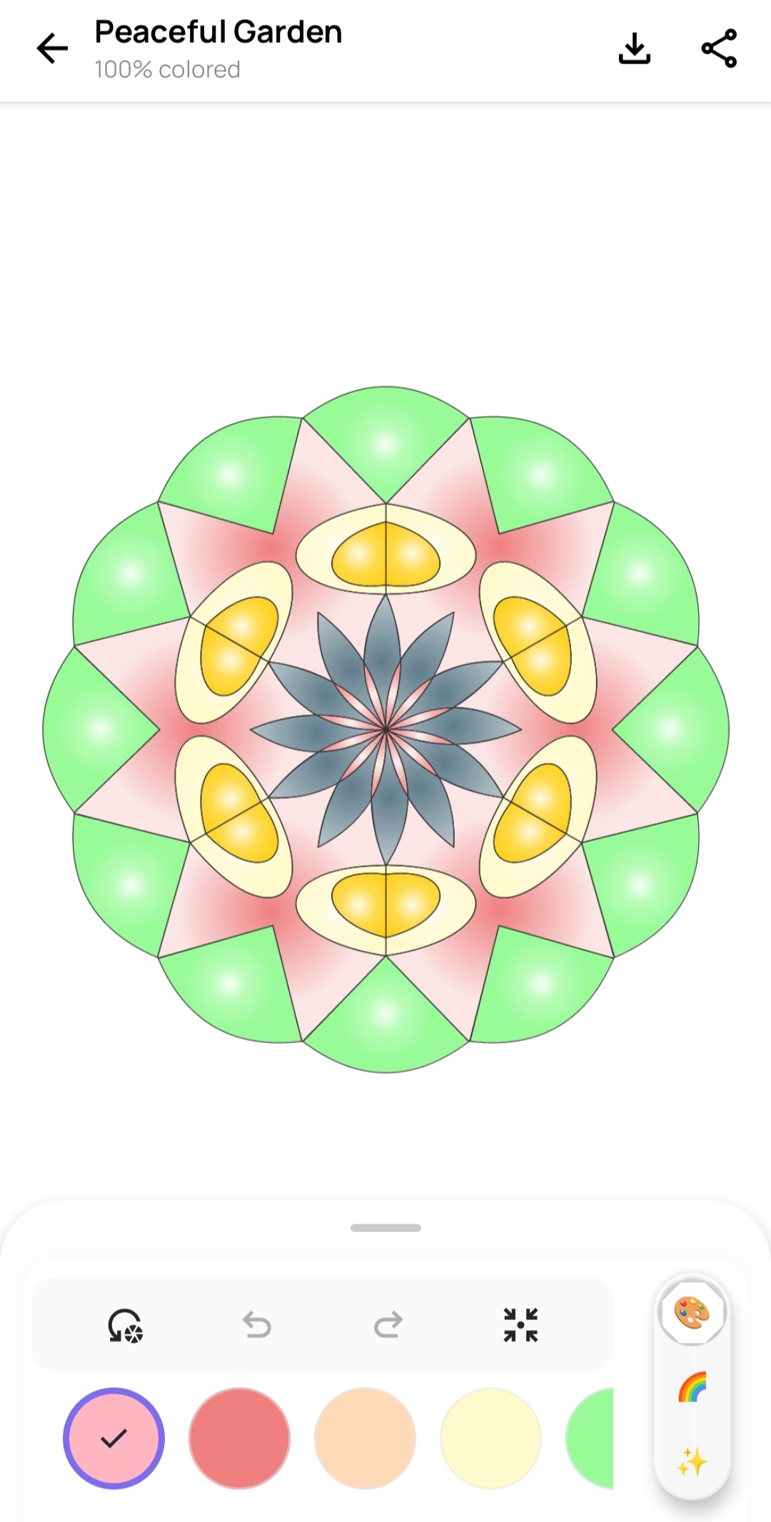 Completed Peaceful Garden mandala coloring canvas at 100%