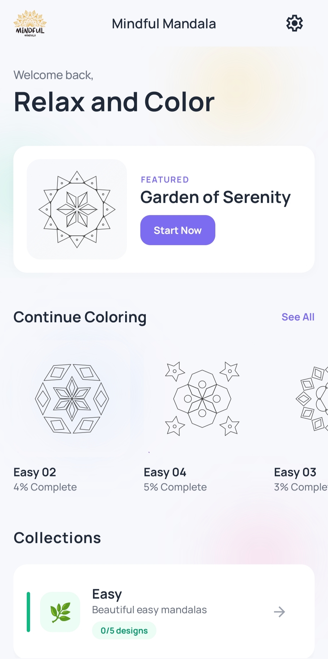 Home screen with featured mandala and continue coloring section