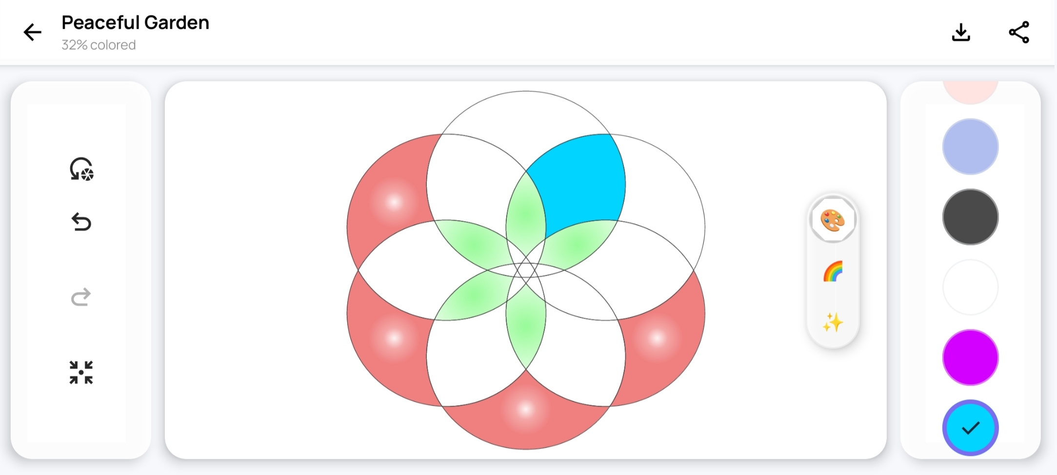 Mindful Mandala tablet coloring canvas — Seed of Life mandala in progress